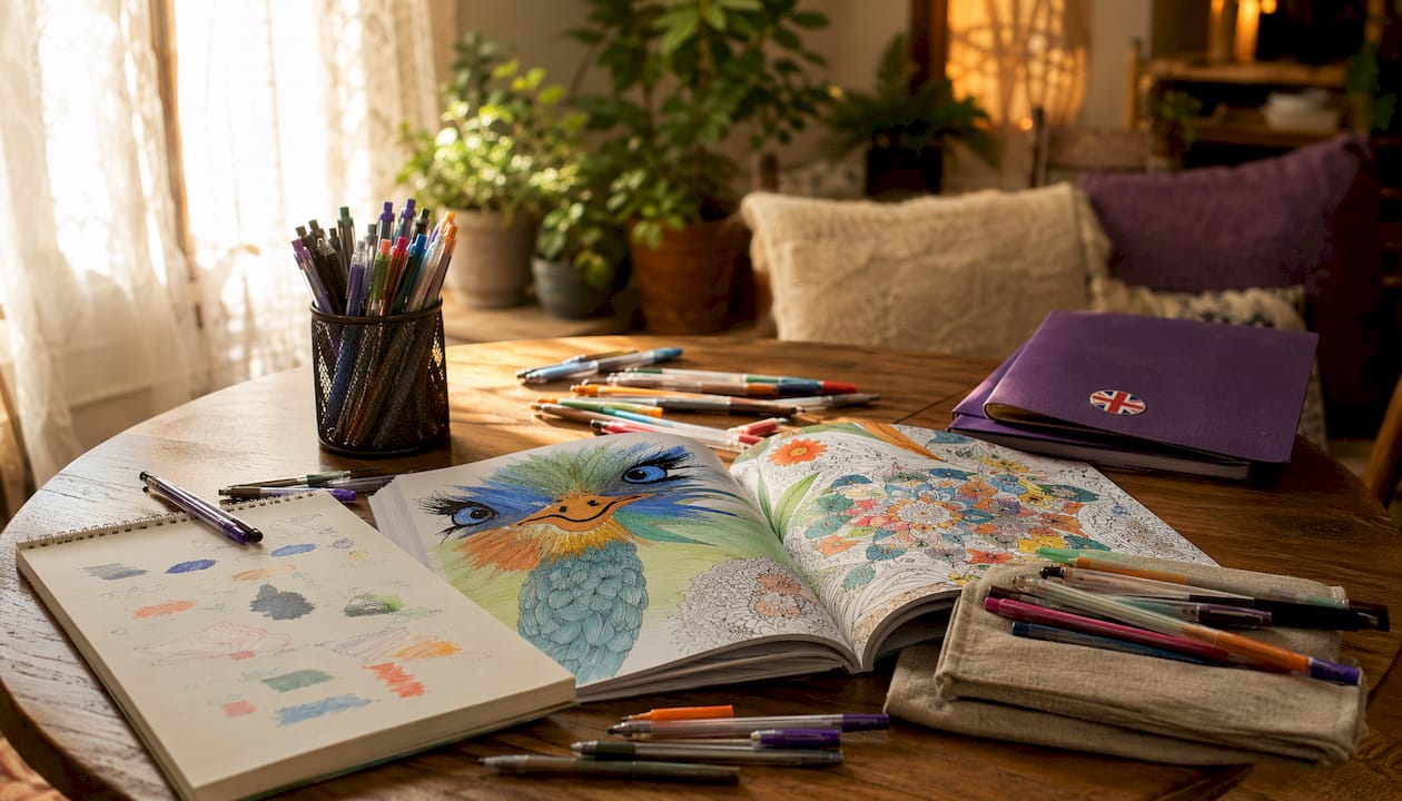 Overhead of desk with coloring pencils and swatches