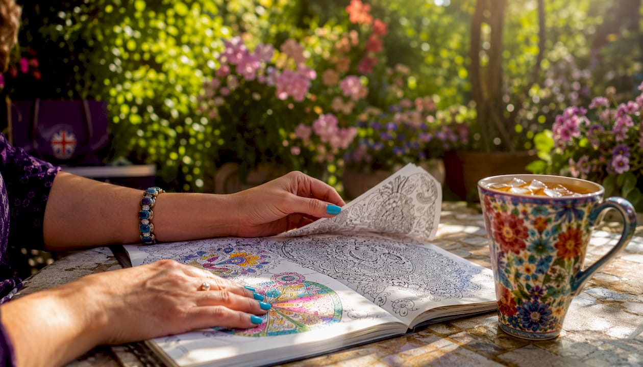 Hand flipping adult coloring book pages in café