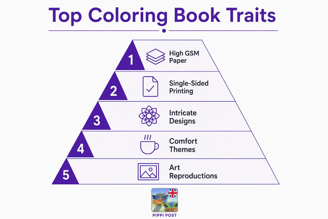 Infographic showing key traits of best adult coloring books