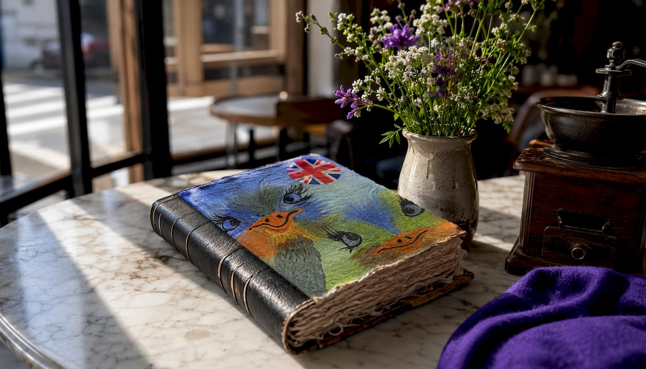 Close-up of handcrafted book on wooden table