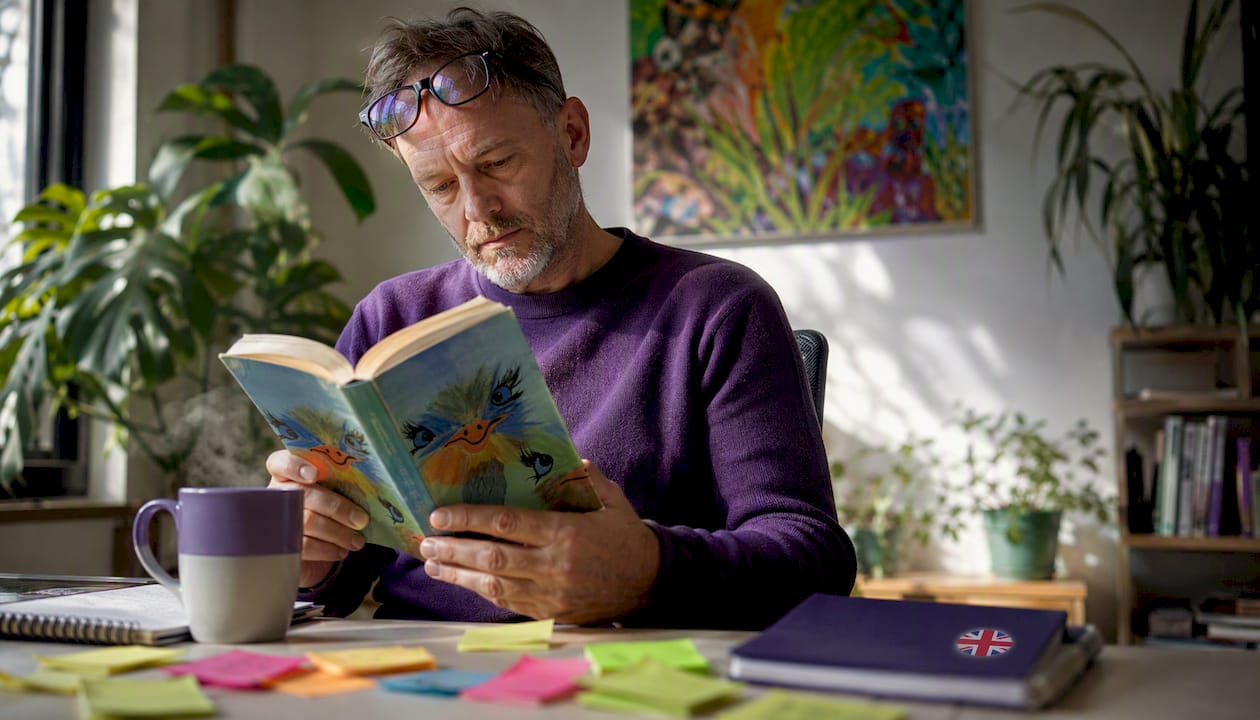 Writer reading craft book in cozy office