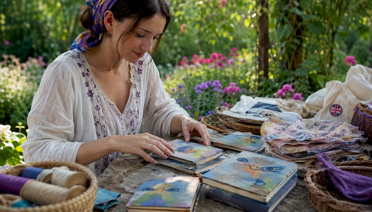 Craft artist with handcrafted journals in workshop