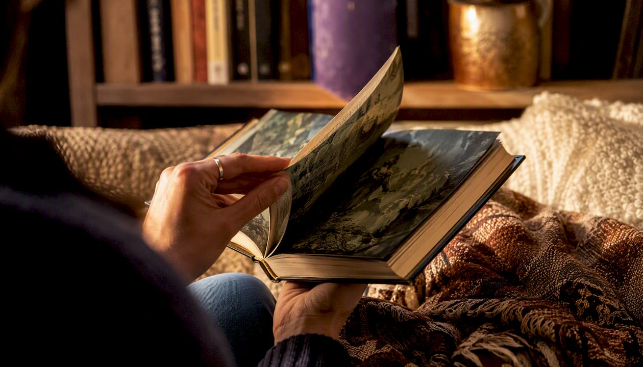 Hand flipping pages of fantasy book