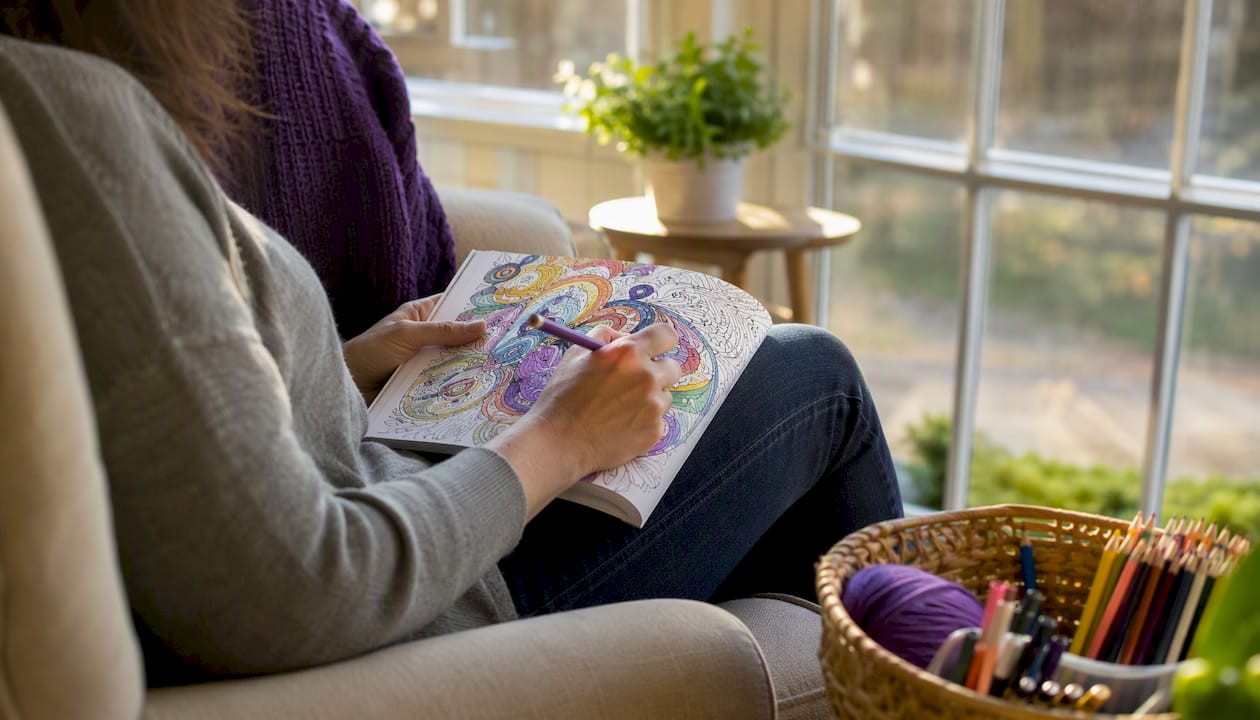 Hands coloring adult book in cozy room
