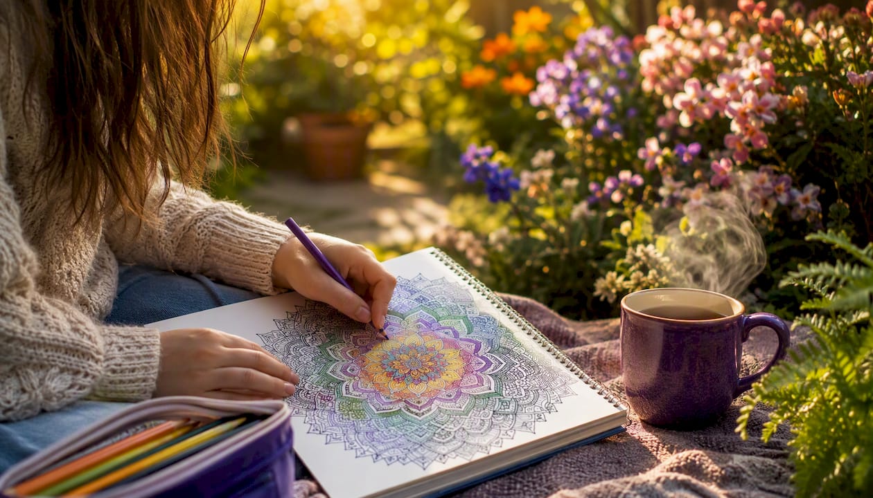Hands coloring a mandala pattern with colored pencils