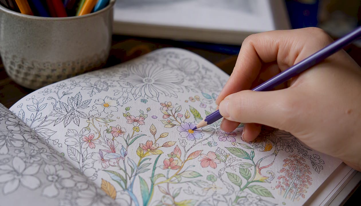 Close-up of hand shading on quality coloring book paper
