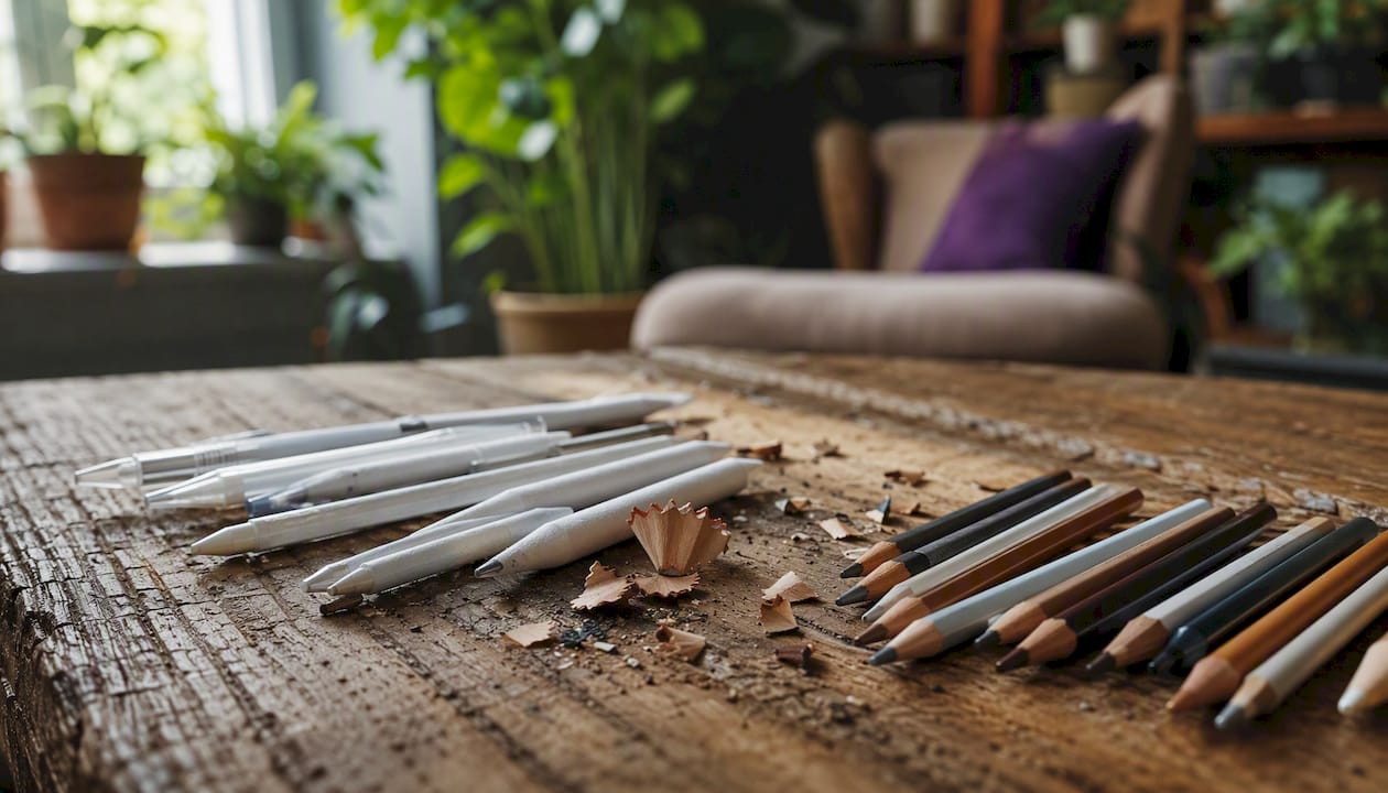 Close-up of dry blending pencils and tools
