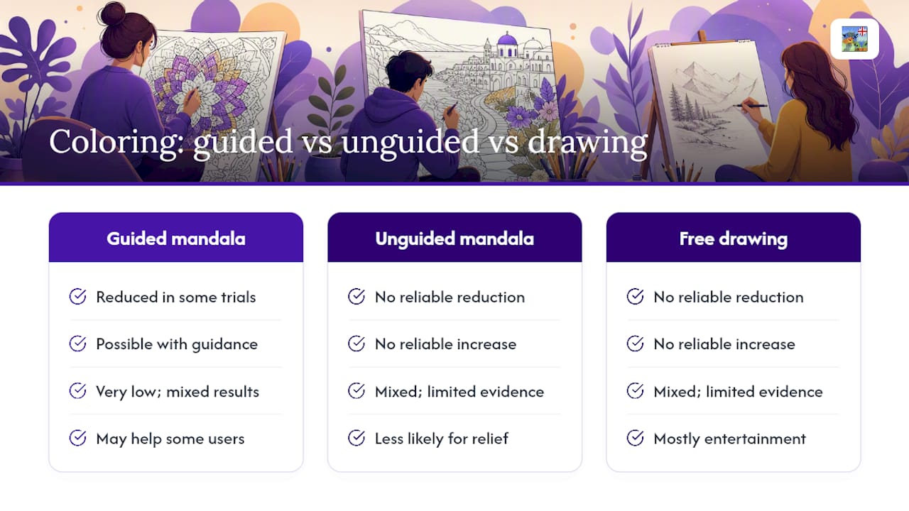 Diagram comparing mindfulness and anxiety effects across coloring methods
