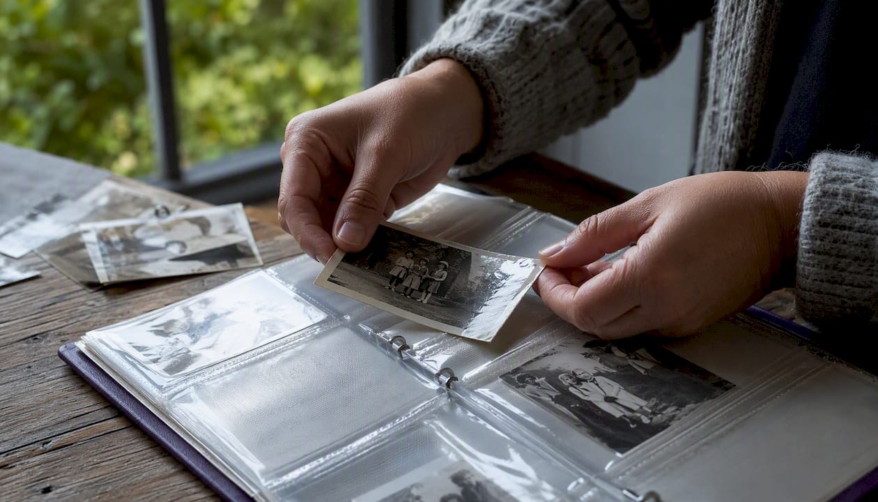Hands inserting photo into acid-free pocket