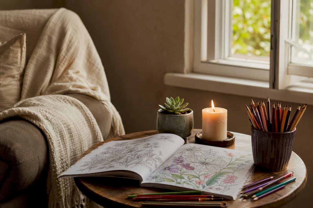 Cozy coloring book nook with supplies