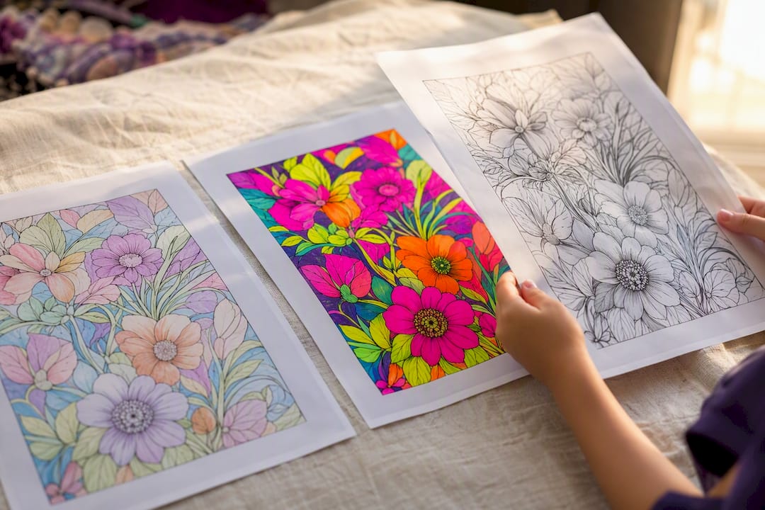 Three different colored versions of one coloring page