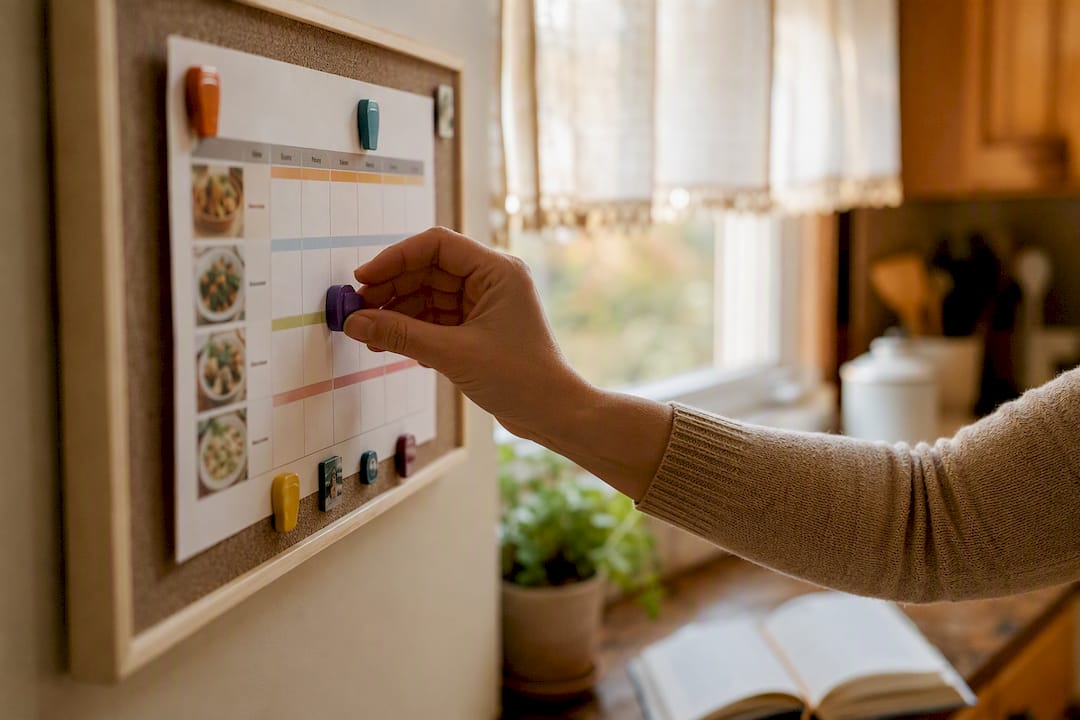 Physical meal plan on fridge and tablet nearby