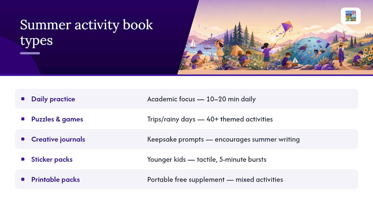 Five summer activity book categories and uses