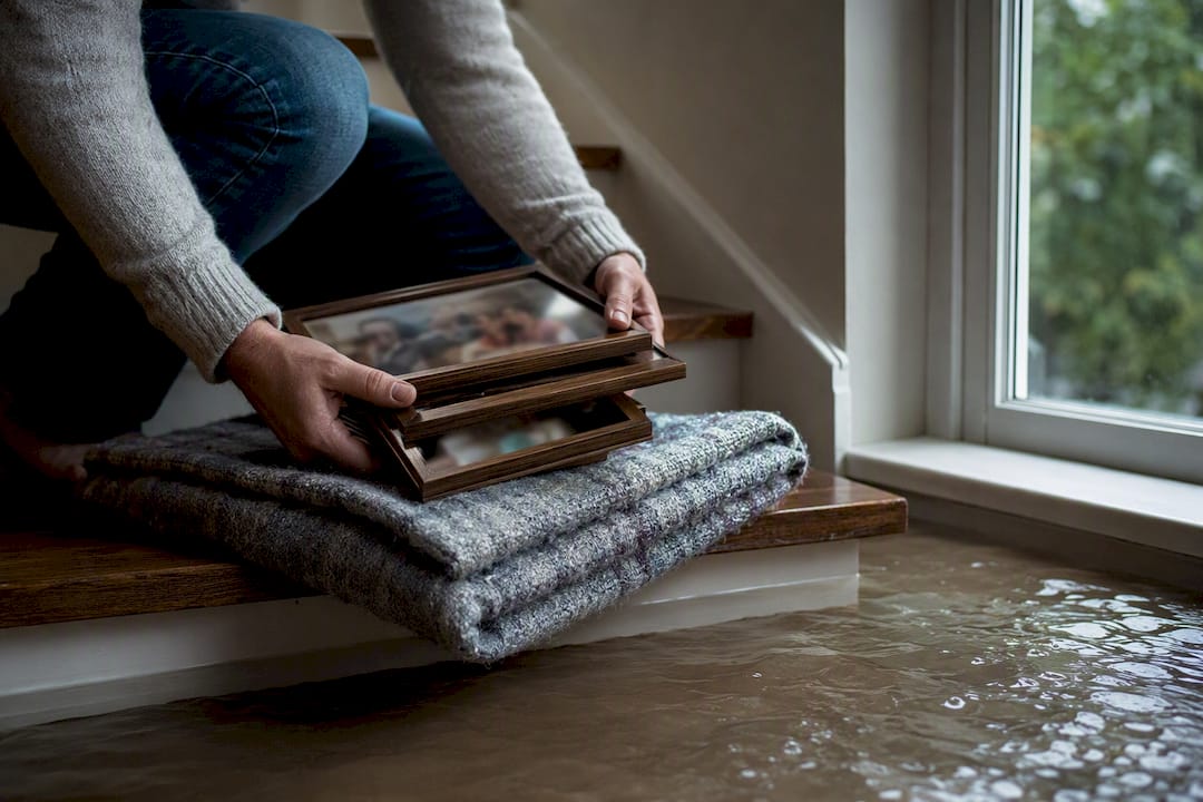 Hands saving family photos from floodwater