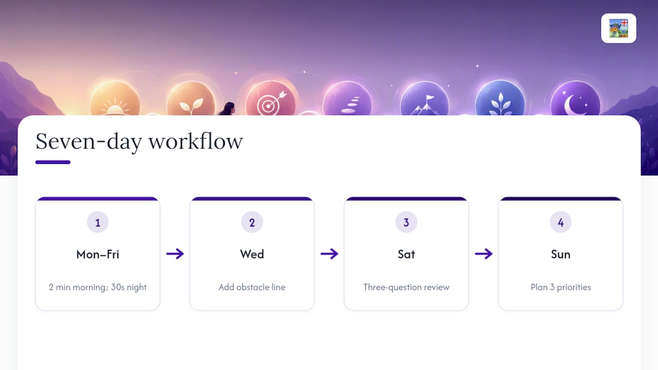 Seven-day goal journal workflow