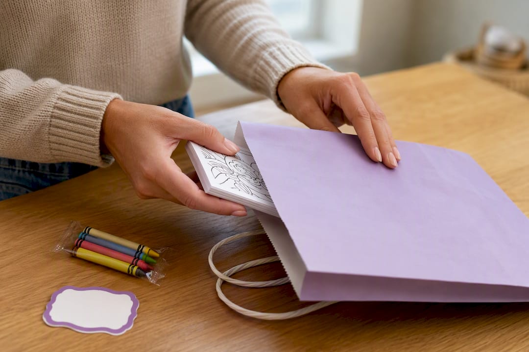 Parent arranging coloring book party favor
