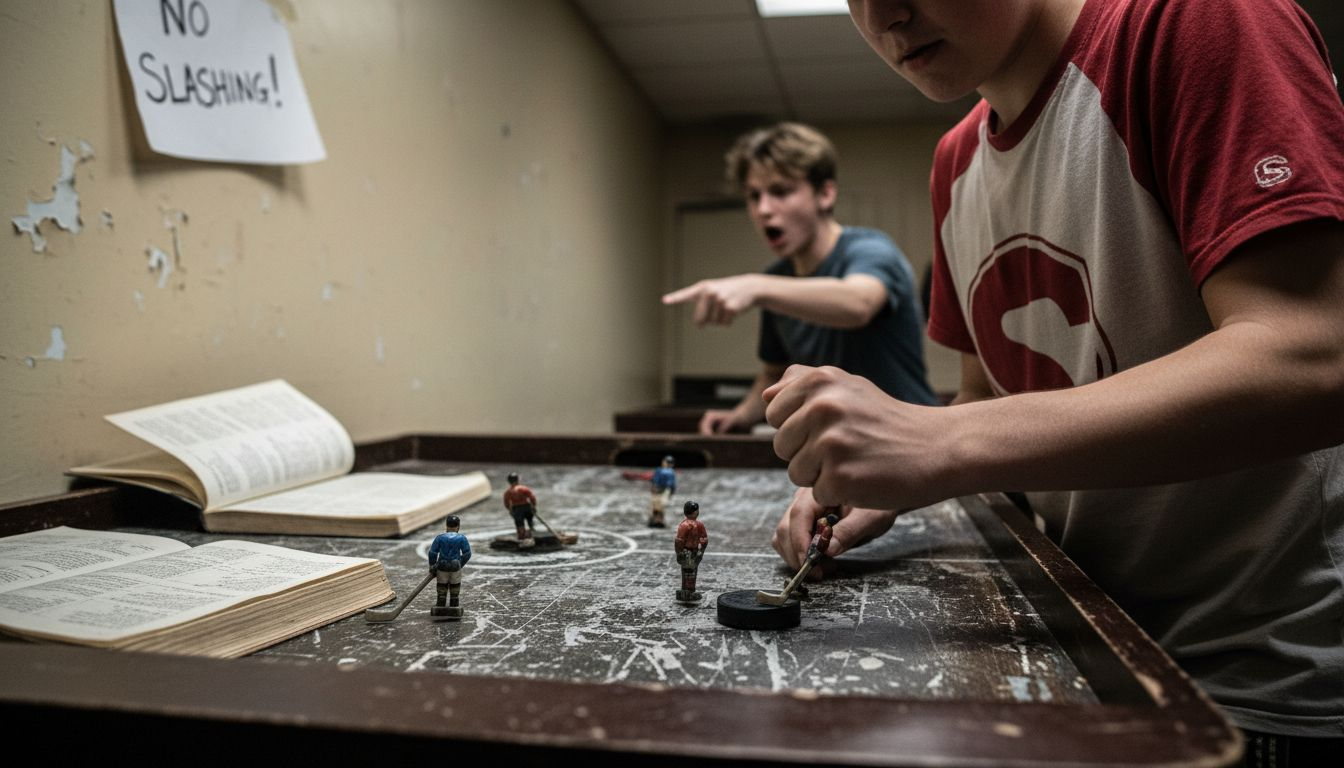 Player demonstrates slashing penalty on tabletop