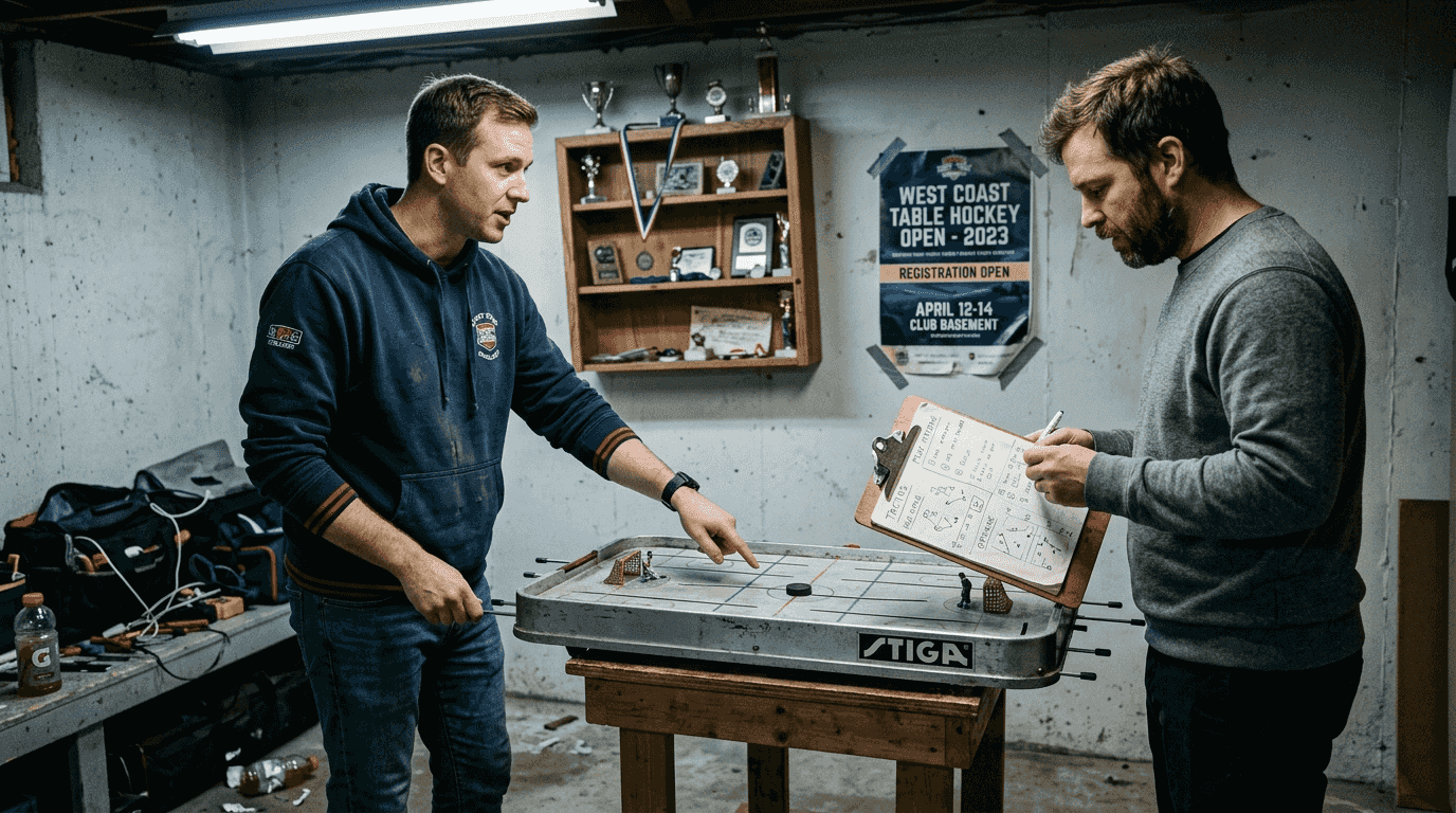 Players analyze table hockey strategies together