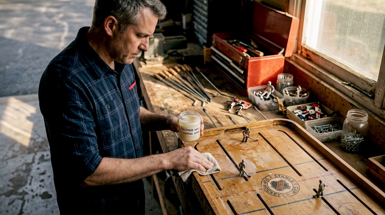 Restoring vintage table hockey with wax in garage