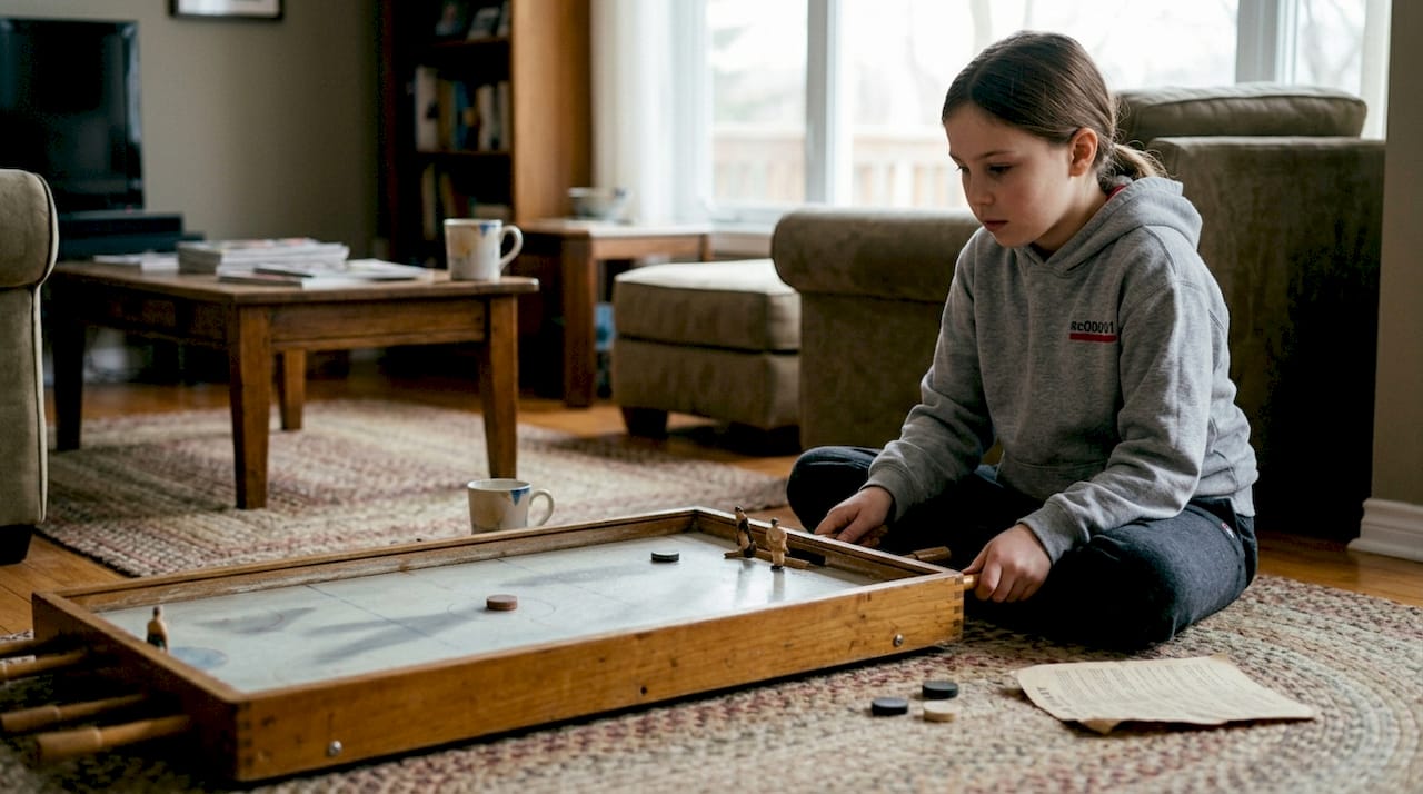 Child practicing table hockey rod skills at home