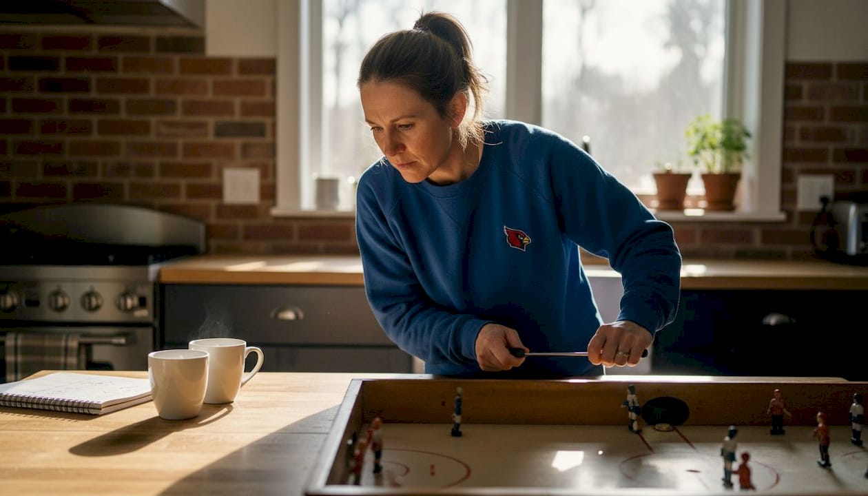 Woman demonstrating advanced table hockey posture