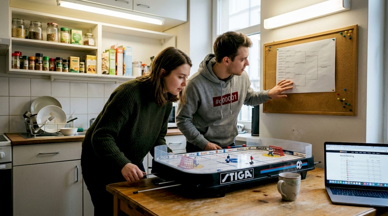 Players practicing table hockey in kitchen setting