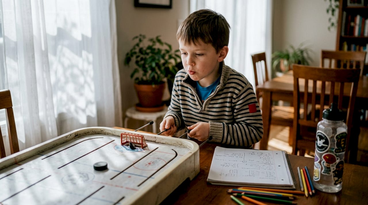 Child improving coordination with table hockey