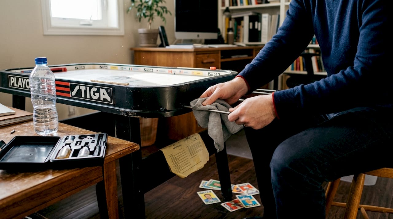 Hands prepping table hockey equipment