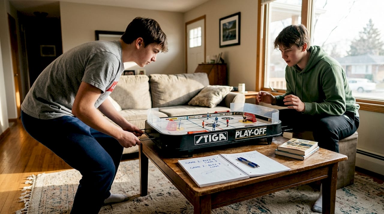 Teenagers engaged in Stiga table hockey game