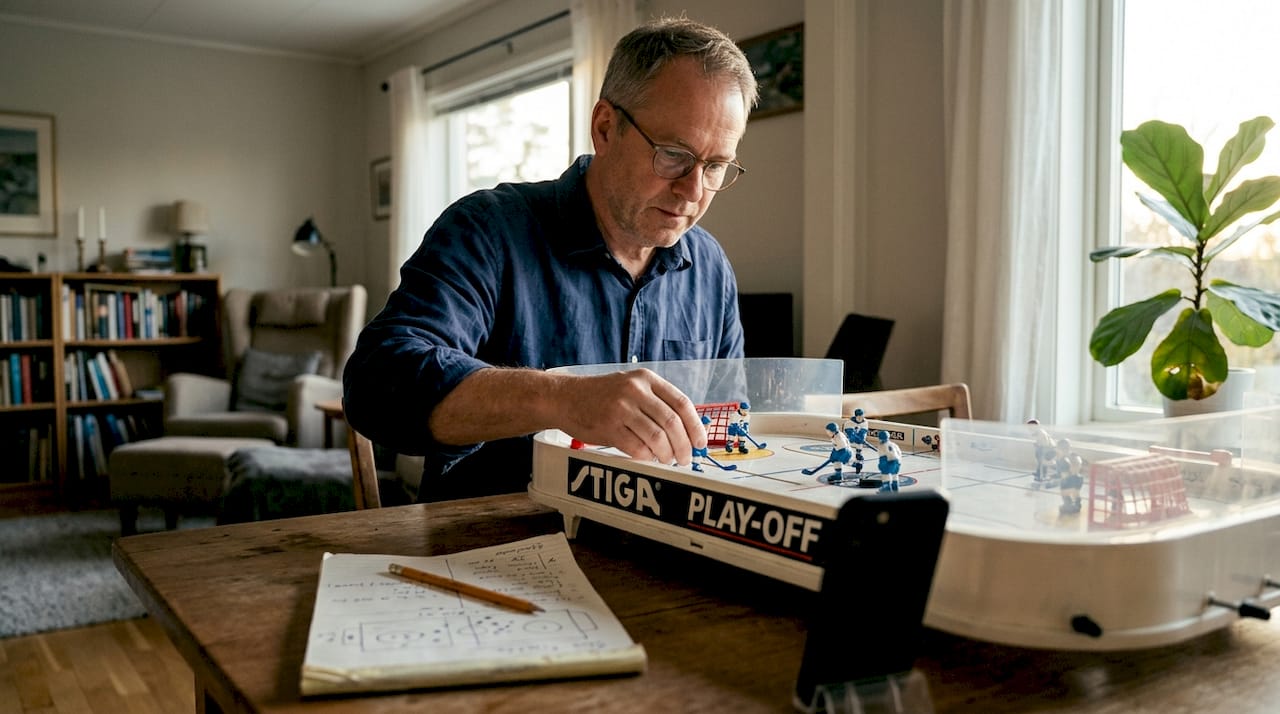 Player adjusts championship table hockey equipment