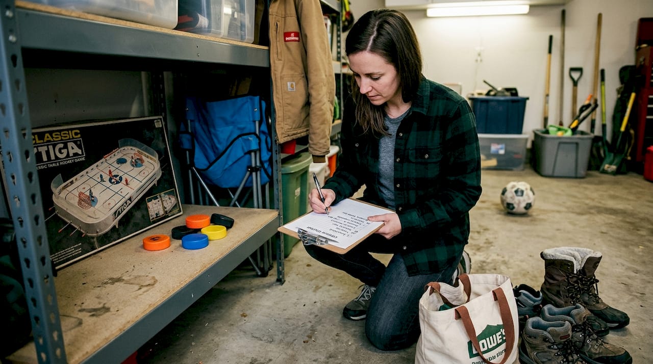 Woman organizing table hockey gear in garage