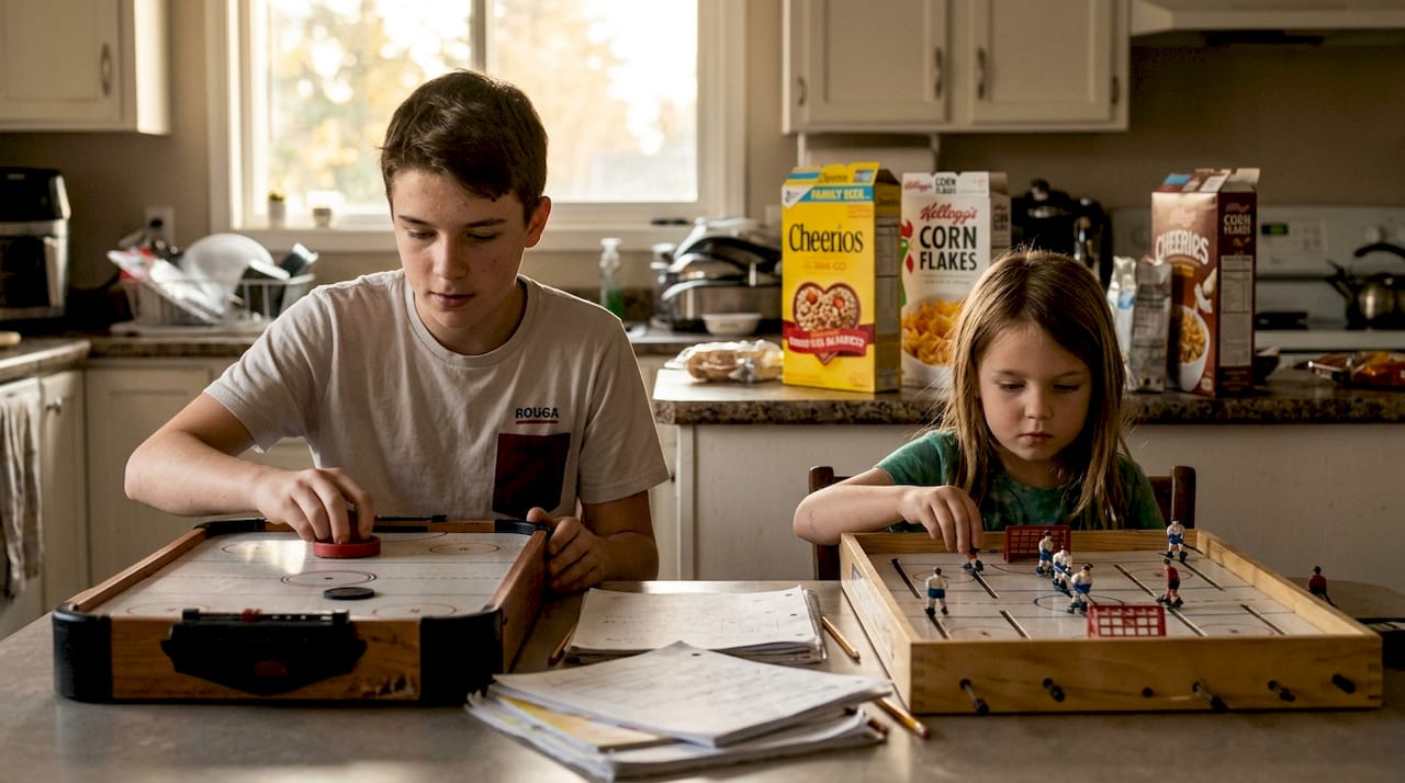 Children comparing table hockey and air hockey