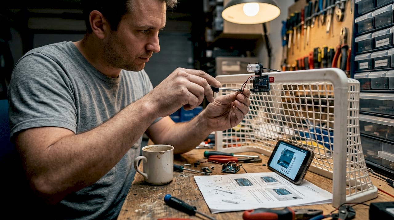 Parent installing diy table hockey tech
