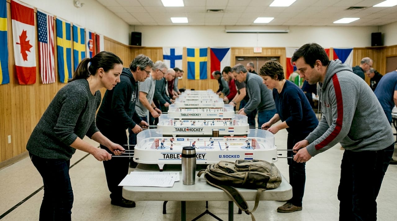 Table hockey tournament in community hall