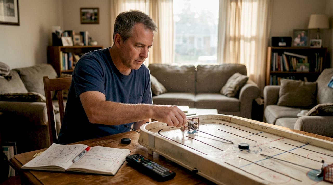 Man demonstrating table hockey defense technique