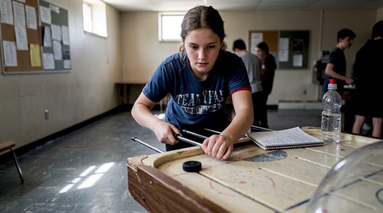 Teen girl pausing before table hockey faceoff