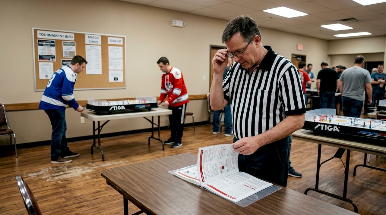 Official event referee checking table hockey rules