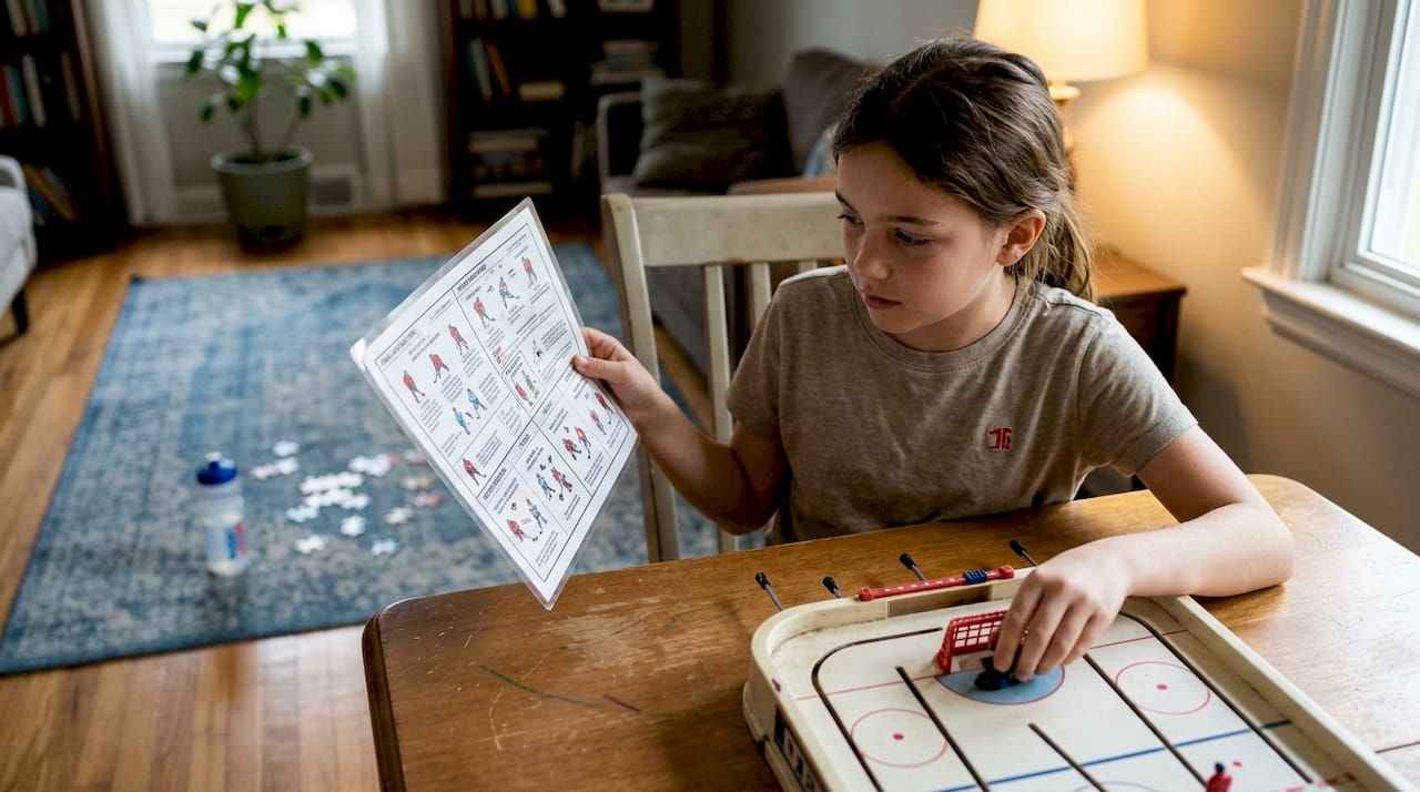 Girl referencing diagram for table hockey positions