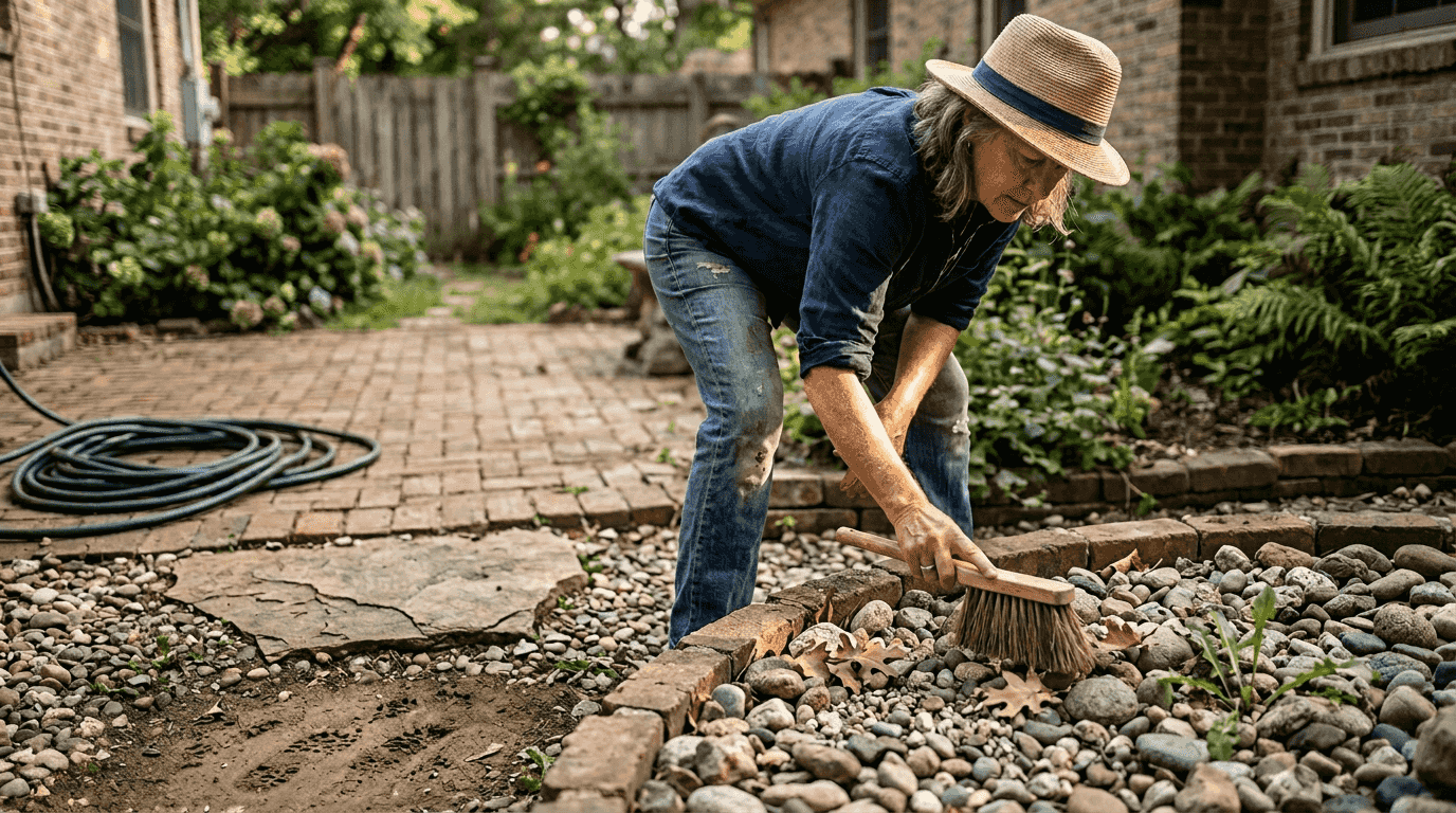 Woman maintaining rock bed in backyard