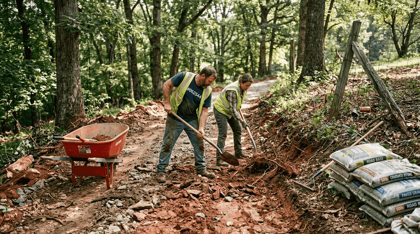 Workers clearing site for gravel driveway