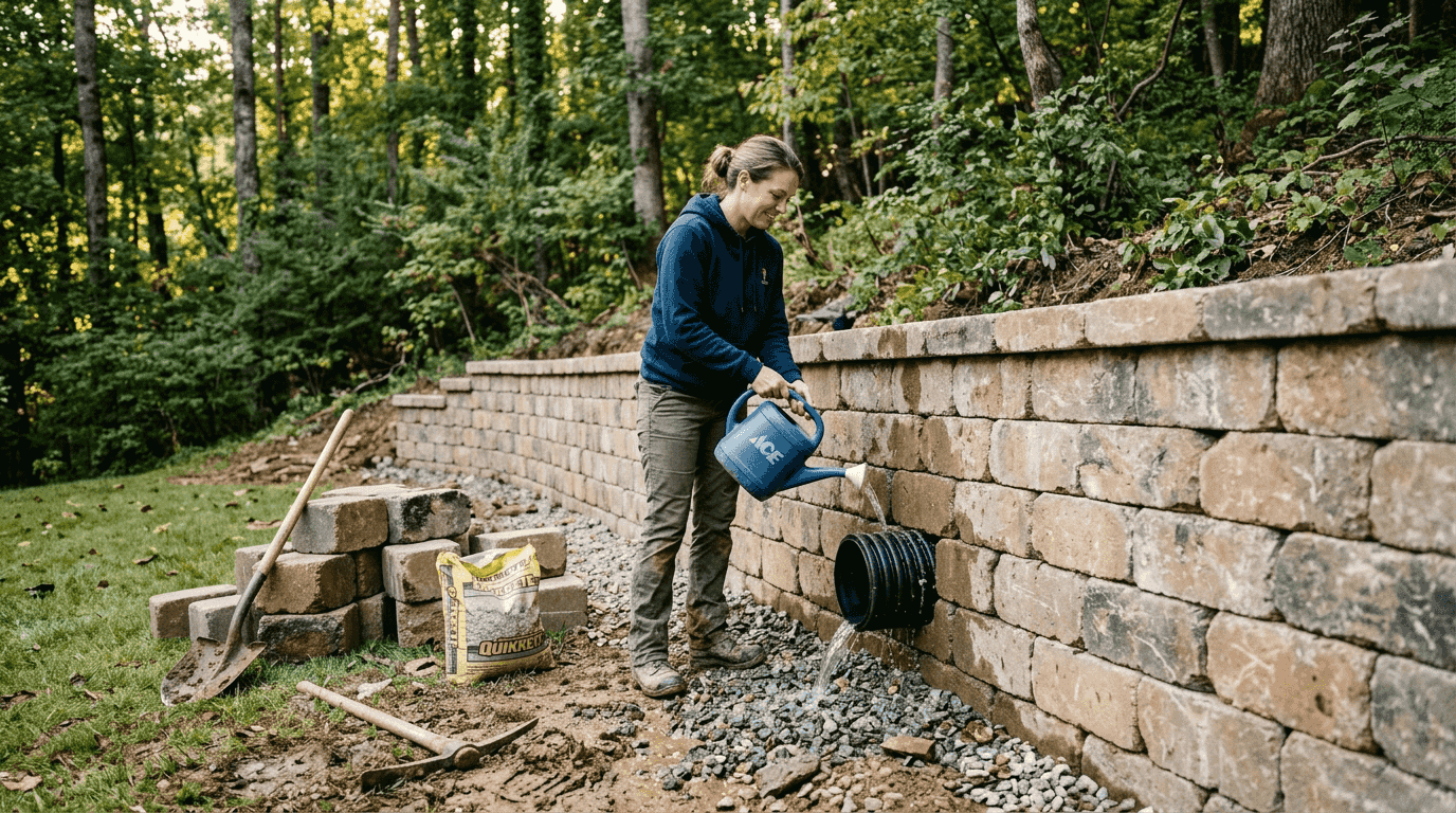 Retaining wall with drainage in Georgia yard