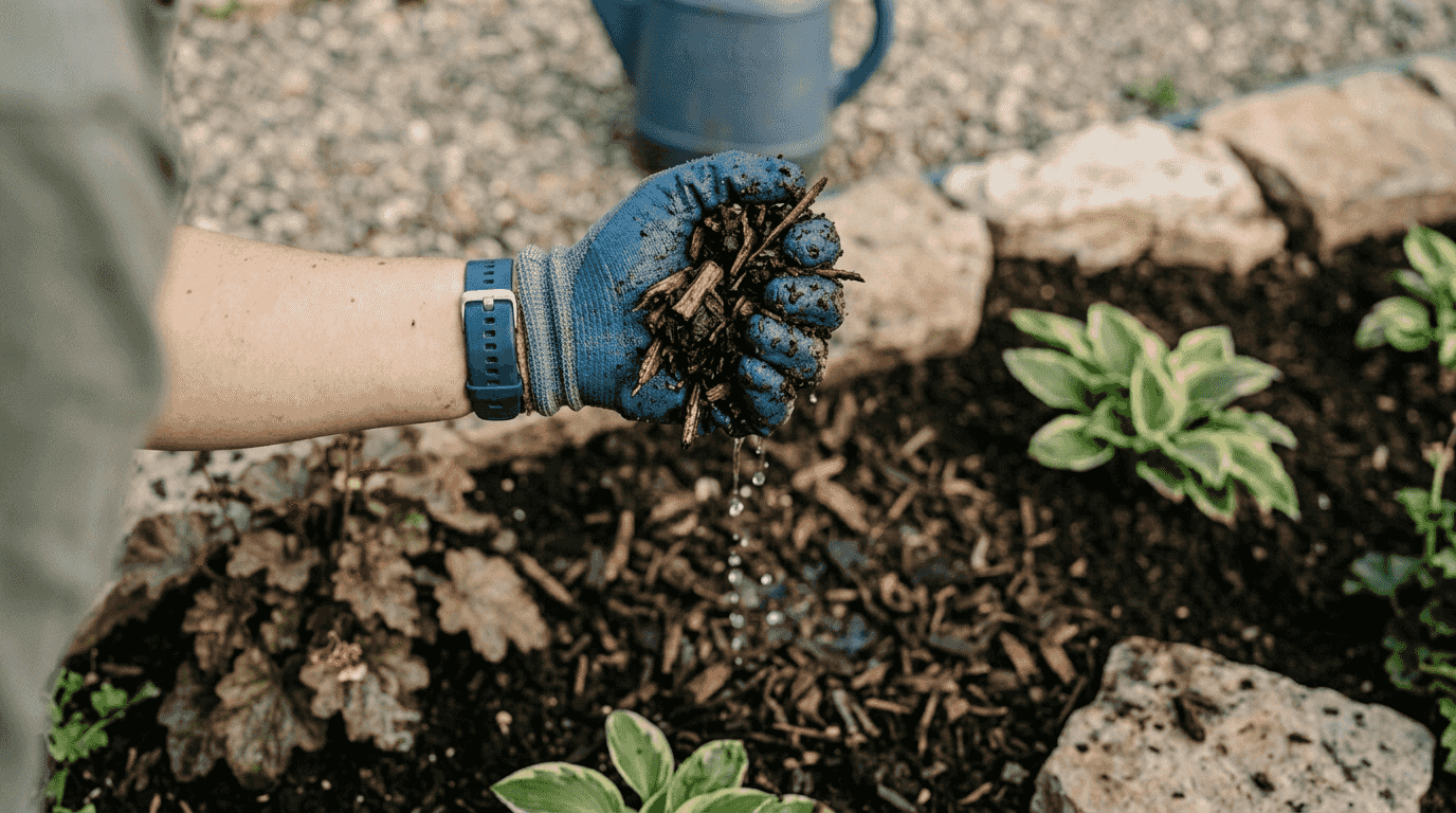 Gardener testing moisture in shredded mulch bed