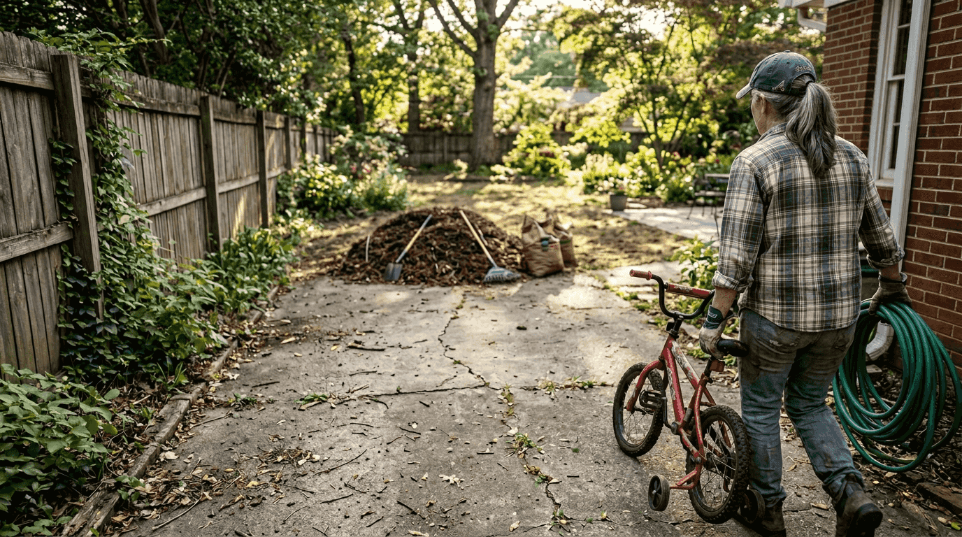 Homeowner clearing path for mulch delivery