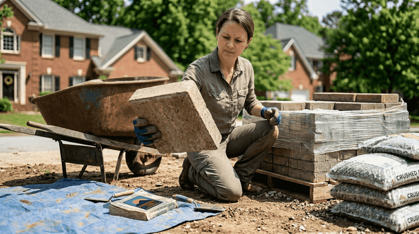 Homeowner examining hardscape materials for project