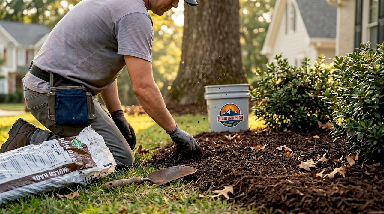 Worker applying double shredded mulch texture