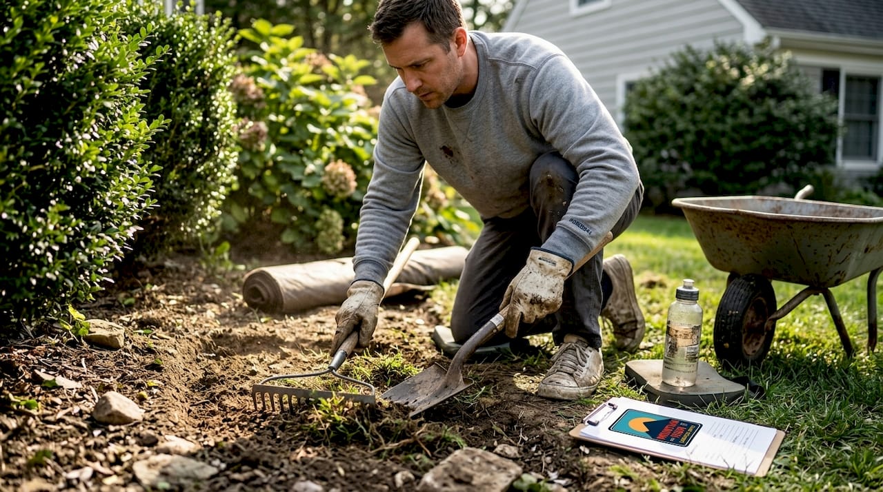 Homeowner prepping backyard for gravel