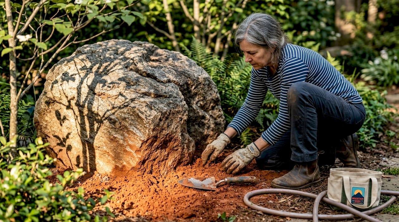 Homeowner tending to large stone in clay soil