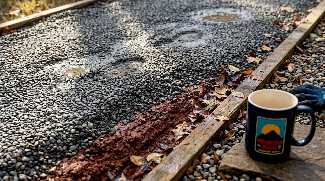 Close-up of gravel walkway on clay soil