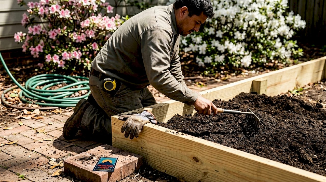 Landscaper spreading bulk soil in raised bed