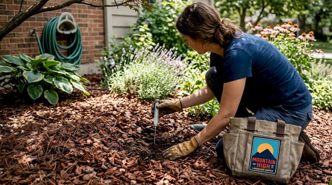 Checking soil temperature under bark mulch bed